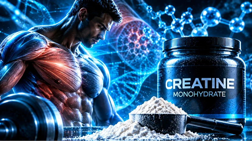 Scientific editorial artwork for Creatine × Lean Mass