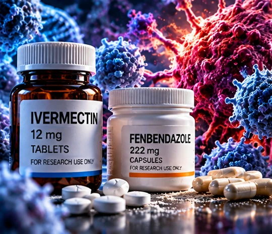 Scientific editorial artwork for Ivermectin + Fenbendazole × Cancer
