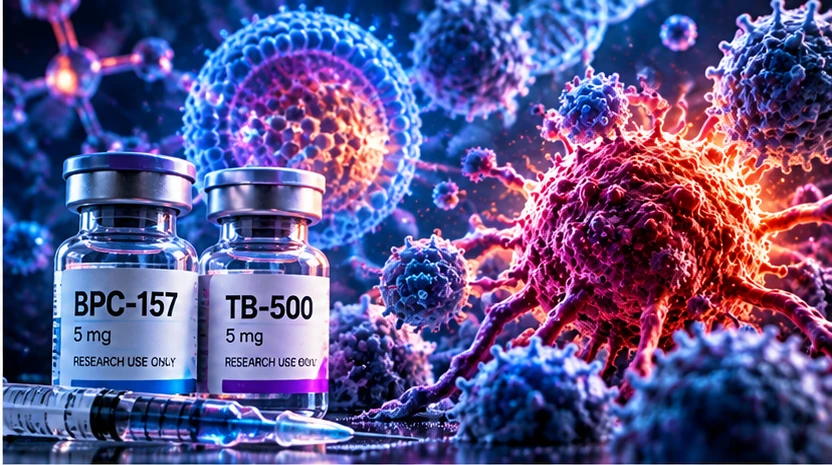 Scientific editorial artwork for Peptides × Vaccine Cancer Risk
